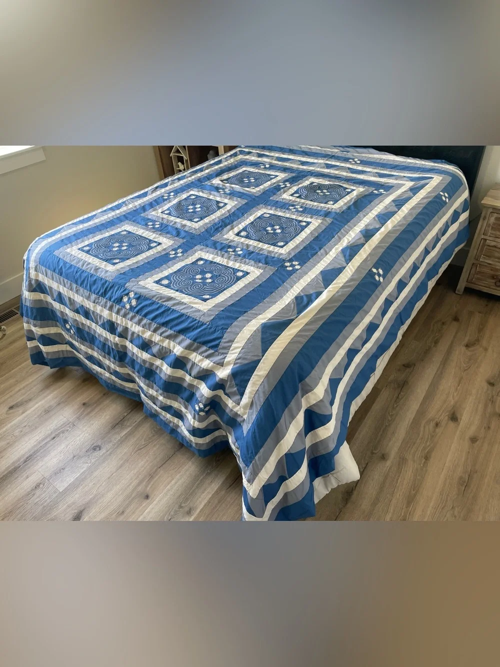 Vintage Hmong Paj Ntaub Applique Bedspread Blue White Spiral Textile 89x105”